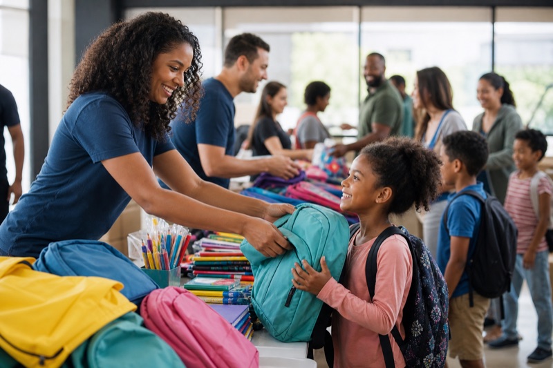 Volunteers organizing back-to-school supplies