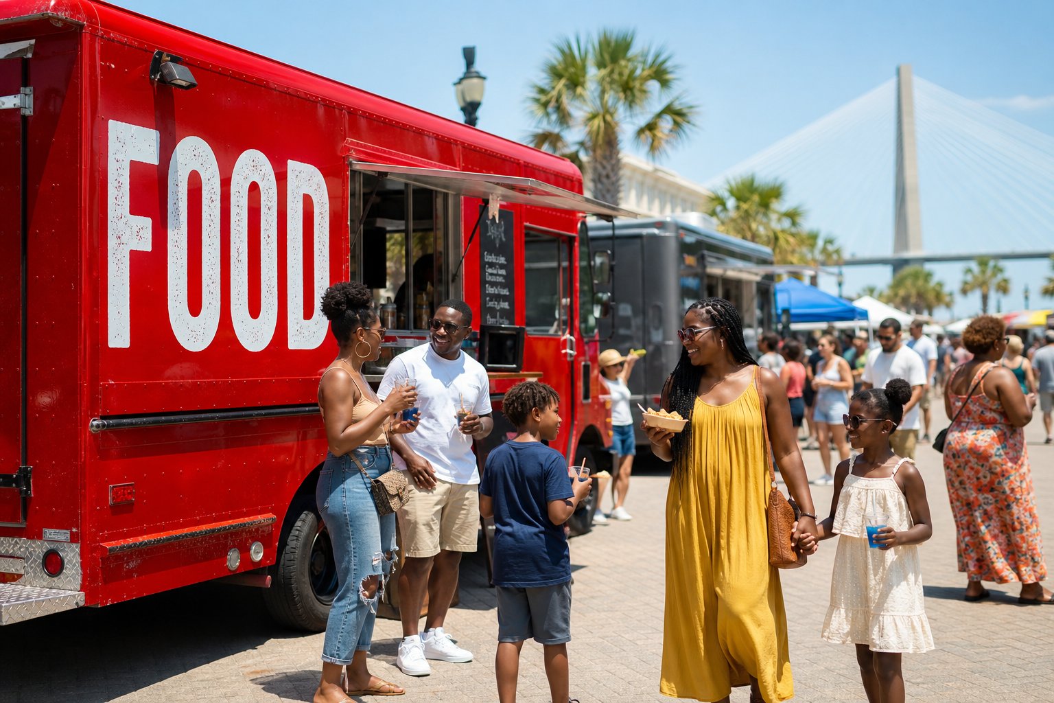 Crowds visiting food trucks at an outdoor festival