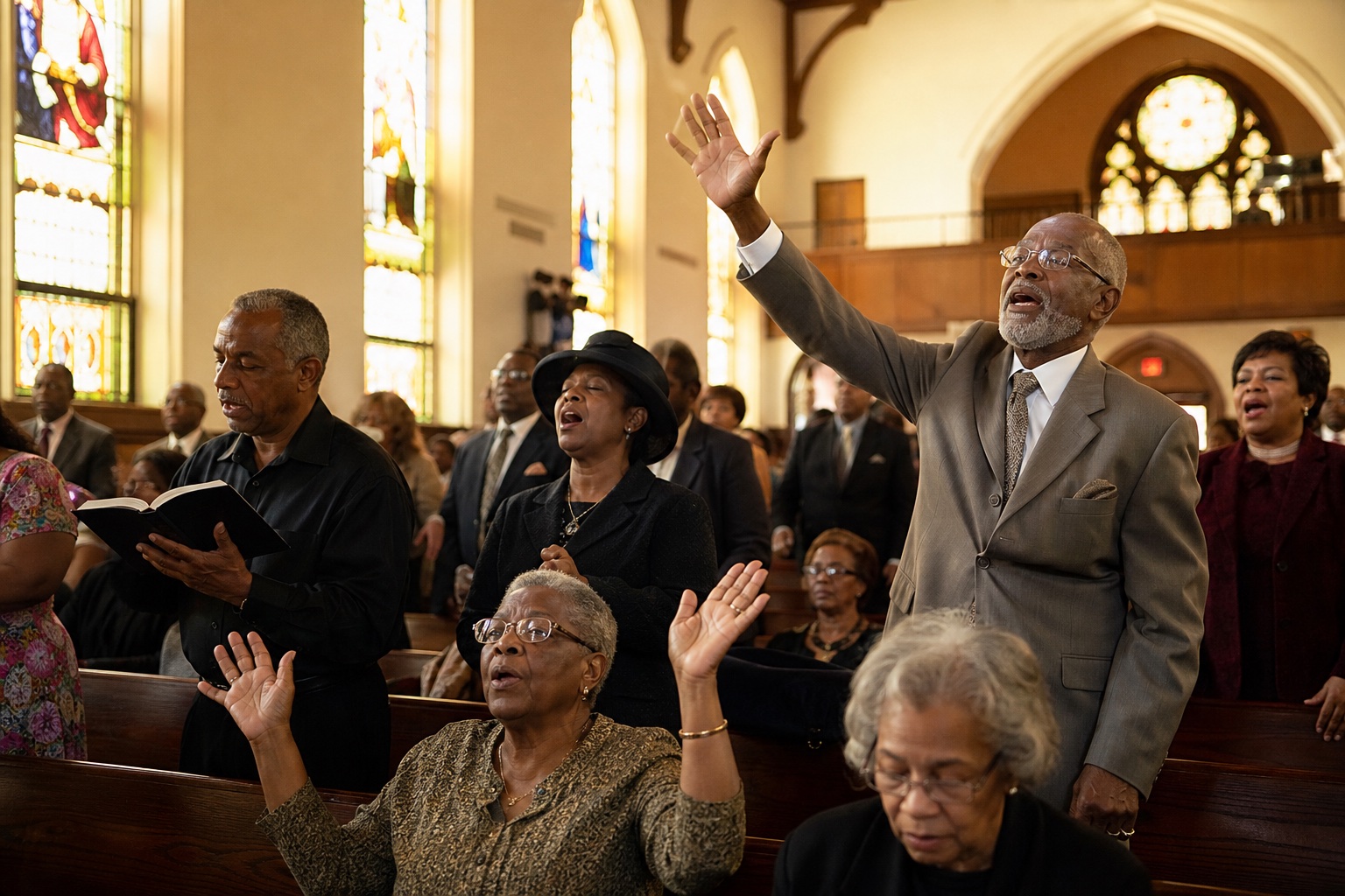 Congregation worshiping during a Black church service